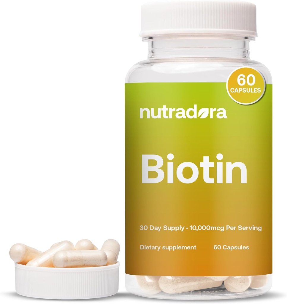 Biotin 10000mcg Capsule con Calcio per Capelli e Unghie - Integratore Biotina naturalmente prodotto per la crescita dei capelli e spessore 10.000mcg Capsule Vegan – Formulato negli Stati Uniti 60 Conte