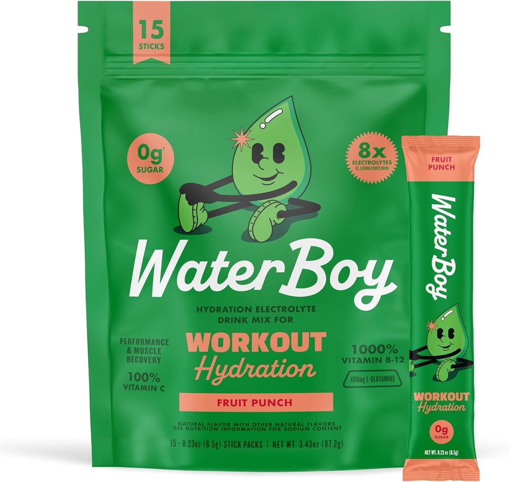 Idratazione di allenamento Waterboy | 2,960mg Zucchero gratis Electrolyte Powder Packets | L-Glutamine + Vitamine | No Zucchero, Tutto Naturale, Gluten Free | 15 Bevande Stick Mixs (Punto di prua)