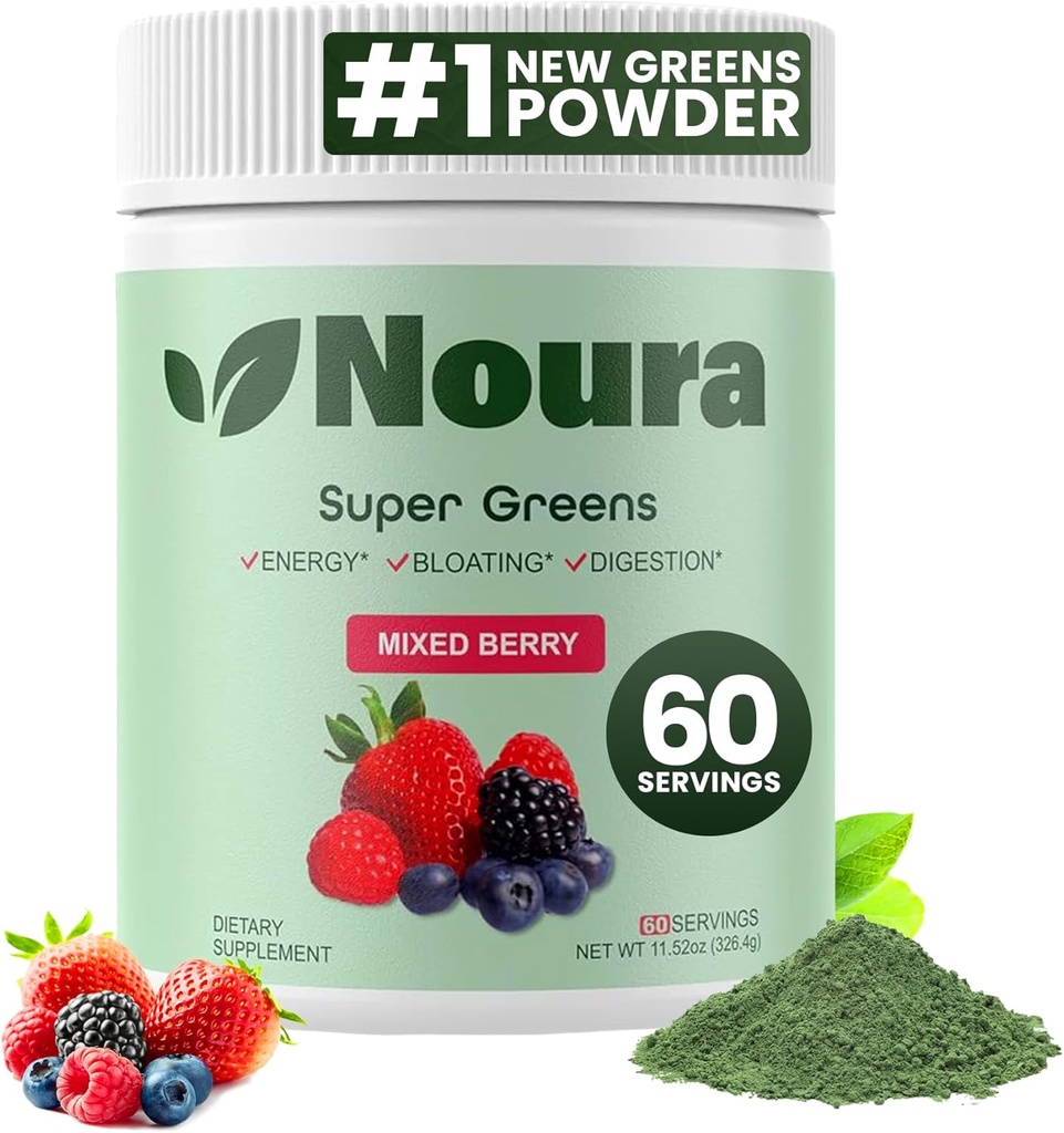 Super Greens Powder, 60 Servings - Immunity, Digestive Enzymes & Probiotics for Energy, Gut Health, Bloating Relief for Women - Greens Superfood Powder - Bacche miste