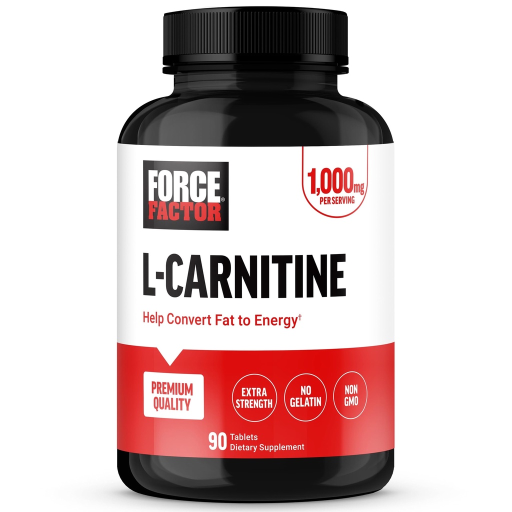 FORCE FACTOR L-Carnitina Supplemento, L Carnitina Tartrato 1000mg Capsule per Convertire Fat Into Energy, Supporta il recupero del muscolo e Aumenta le prestazioni di esercizio, Vegan, Non OGM, 90 compresse