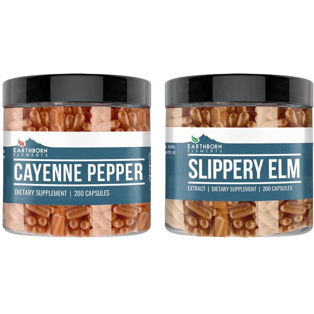 Elementi terrestri Cayenne Pepper & Slippery Elm Bundle (200 capsule ciascuna) Pure & Undiluted, No Additivi