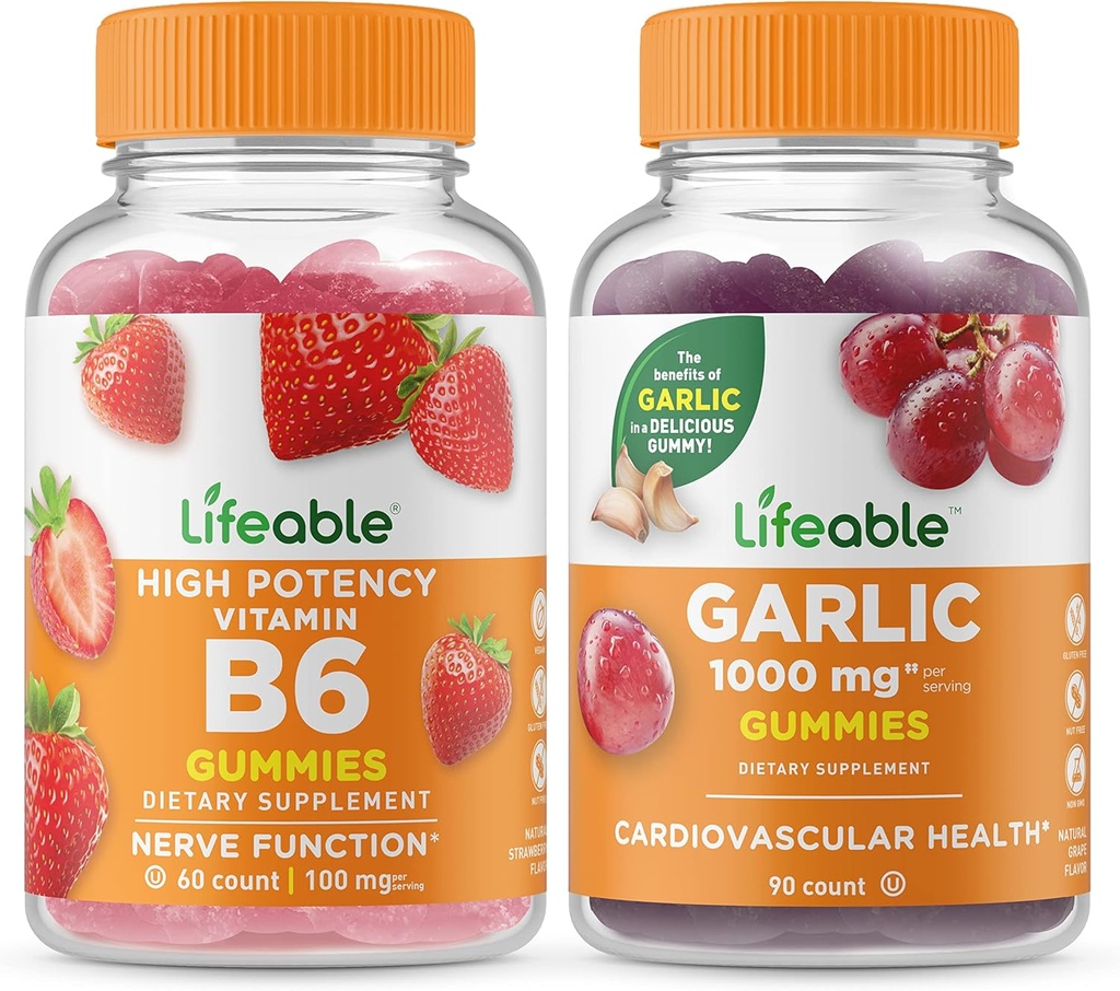 Vitamina B6 + Aglio 1000mg, Gummies Bundle - Grande Degustazione, Integratore di vitamina, Senza glutine, OGM Free, Masticabile