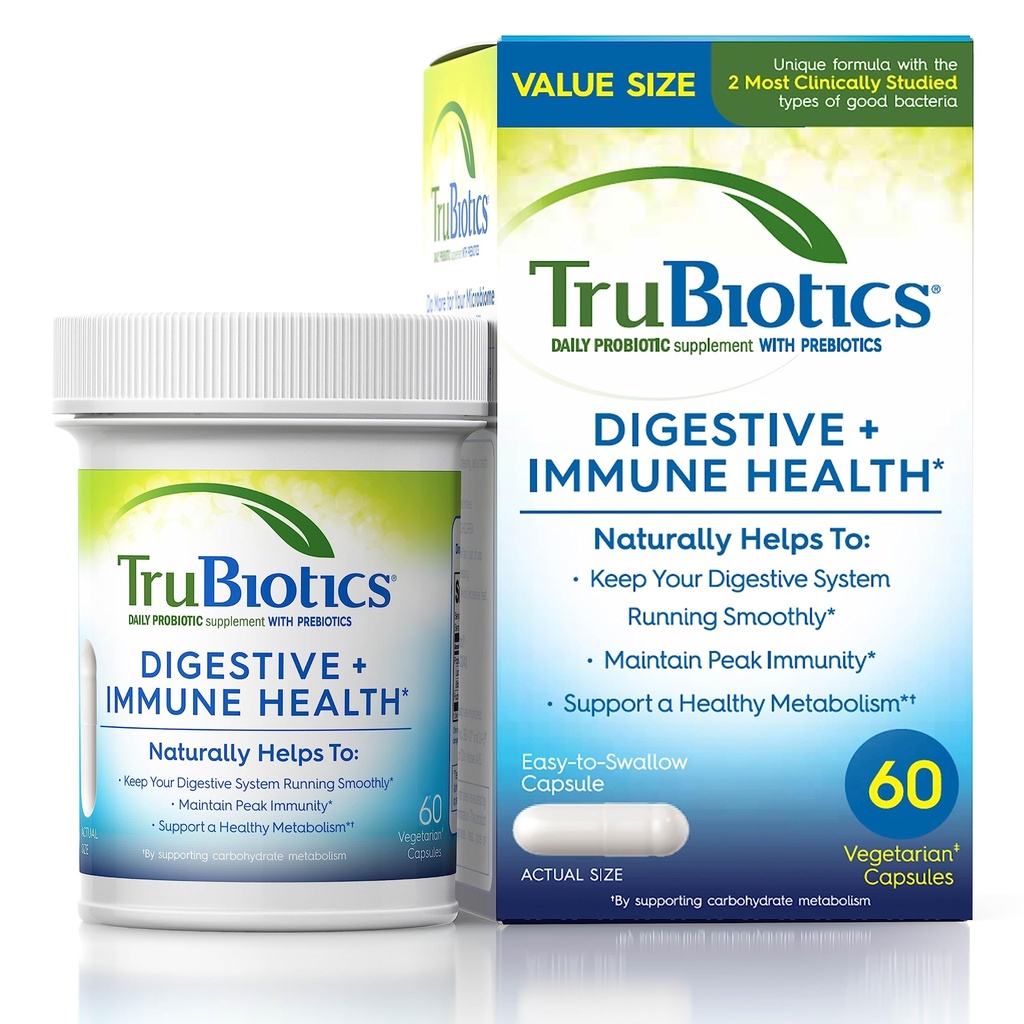 TruBiotics Probiotics for Digestive & Immune Health, Supports Regolarità & Aiuta a Alleviare Discomfort addominale, Gas & Bloating, 2 Strains Probiotici Clinicamente Studiati, Prebiotici Plus, 60 Capsule