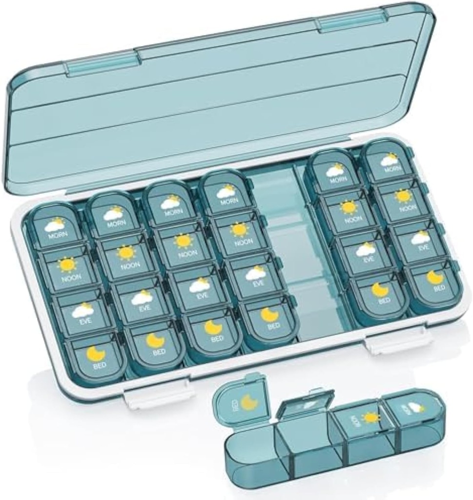 Organizzatore di pillole 4 volte al giorno, Pill Box 4 volte al giorno 7 giorno - Acedada organizzatore di scatole di medicina settimanale con caso separato, Dispenser portatile del contenitore di pillole giornaliere per la vitamina, oli di pesce, supplementi, blu