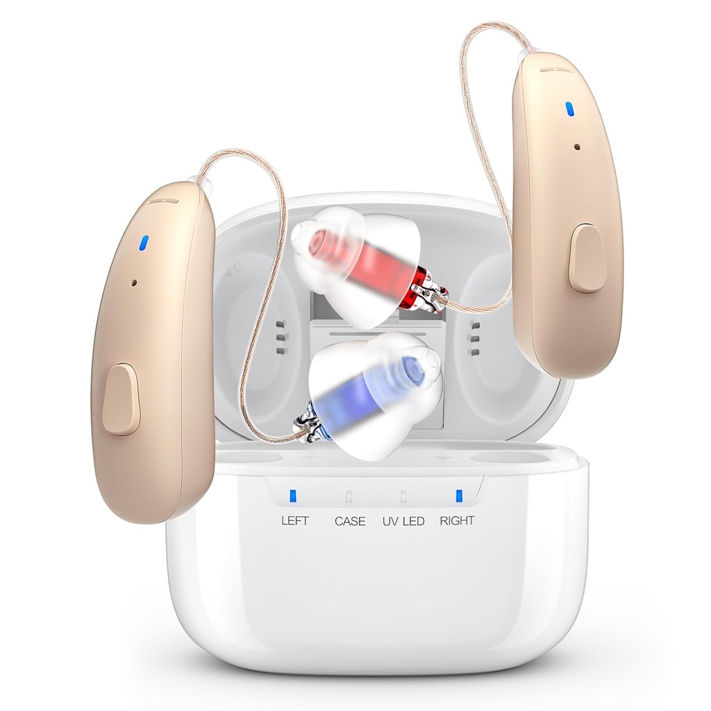 Apparecchi acustici ricaricabili per anziani - Behind-The-Ear BTE apparecchio acustico con cancellazione del rumore per la perdita dell'udito grave, amplificatore acustico OTC invisibile con custodia per adulti
