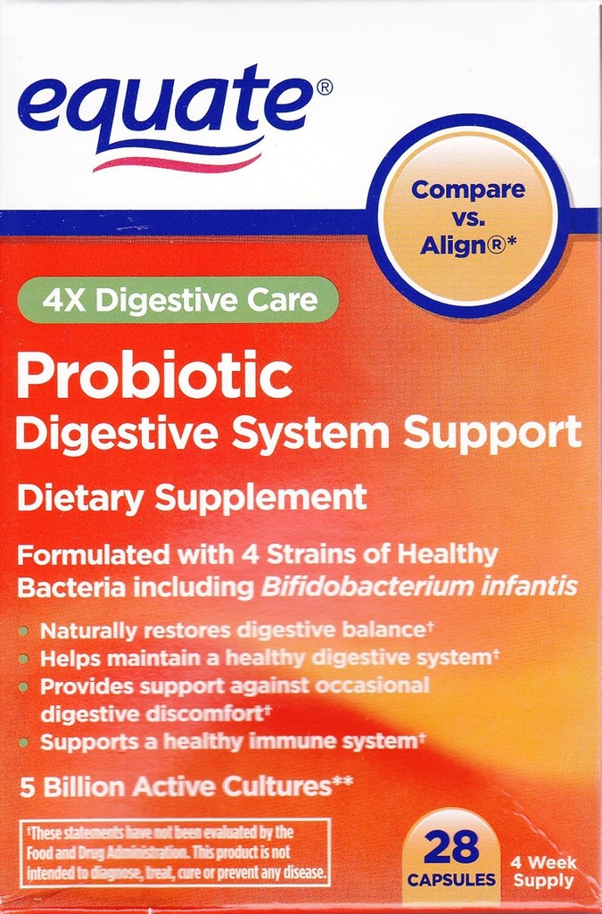 Equate - Probiotico, Supporto di sistema digestivo, 4X Digestive Care, 28 capsule (Compare vs. Align)