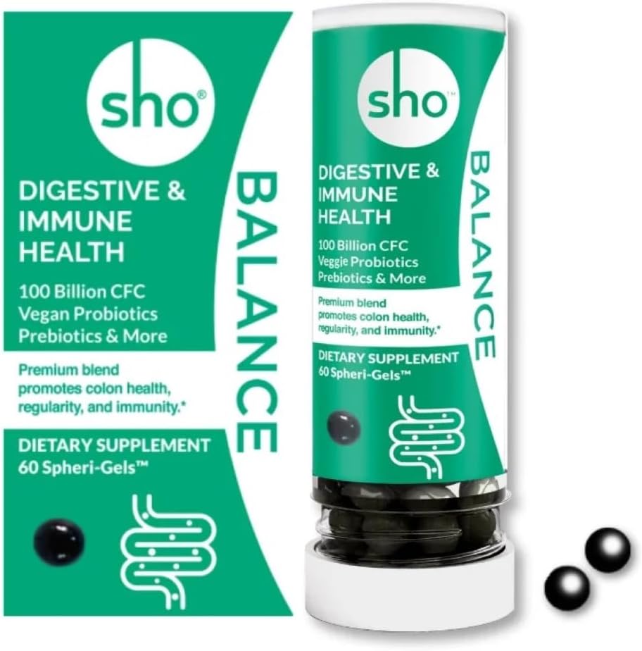 SHO Balance 100 miliardi di CFU Prebiotici e Probiotici Compresi Lactobacillus Casei per la salute digestiva, Shelf-Stable Vegan Probiotici per gli uomini e le donne – 60 pillole Refill Bottiglia