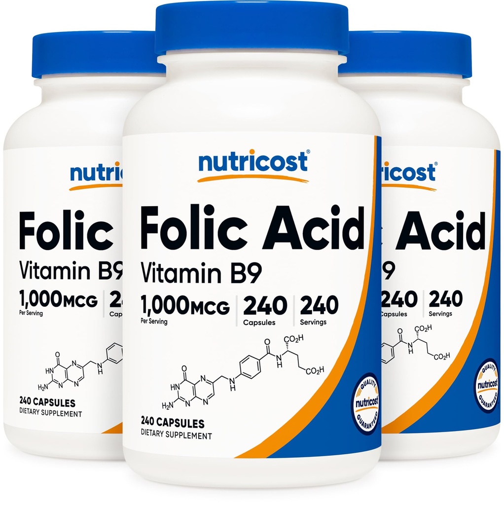 Acido Folico Nutricost (Vitamina B9) 1000 mcg, 240 capsule (3 bottiglie)