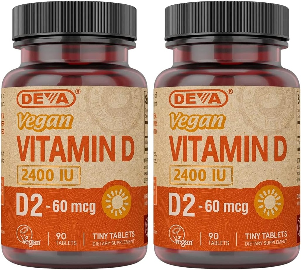 DEVA Vegan Vitamina D2 60 mcg 2400 IU, Ergocalciferol Supplemento senza ingredienti animali, 90 compresse (Pacchetto di 2)