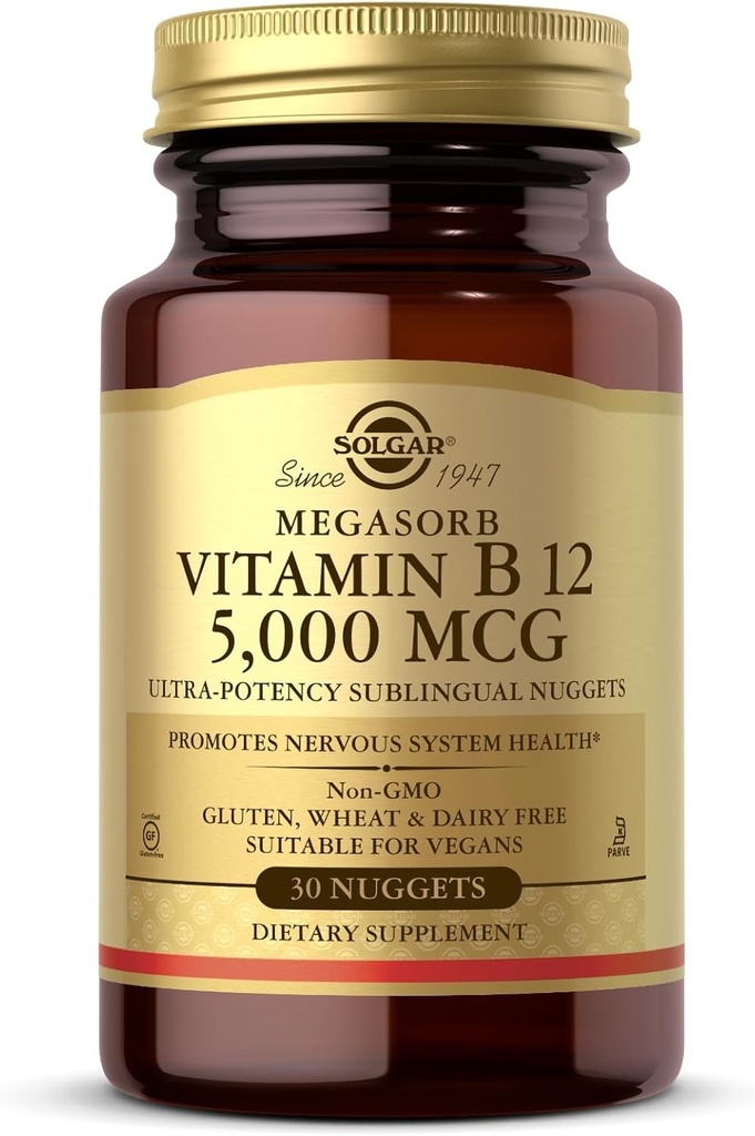 Solgar Vitamina B12 5000 mcg - 30 Nuggets - Promuove la salute del sistema nervoso - Non OGM, Vegan, Gluten & Dairy Free - 30 Serve