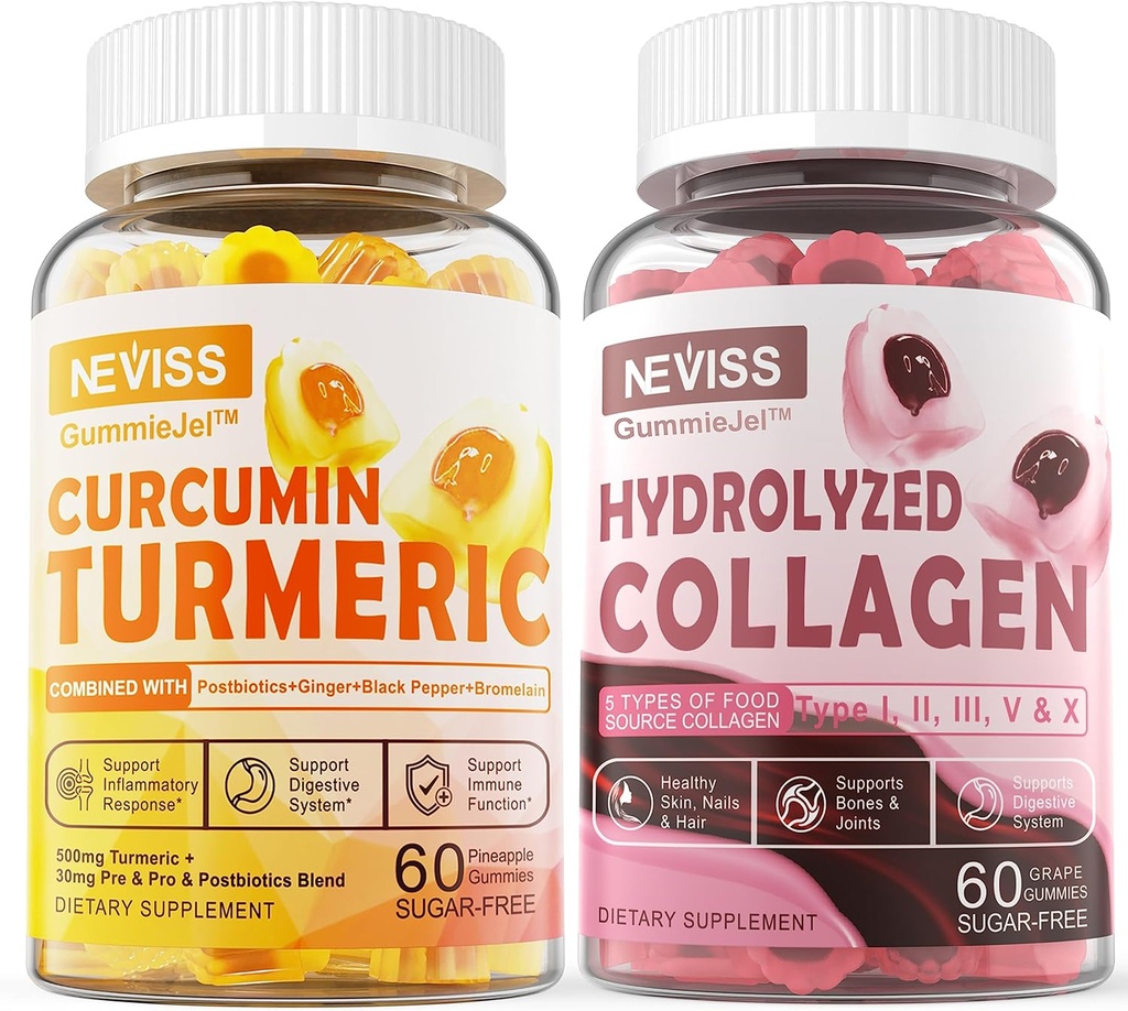 Gummie riempite di collagene senza zucchero + Curcumina di curcuma erboristica senza zucchero Gummie riempite, per unghie di capelli sani della pelle, supporto congiunto, salute immune e digestiva