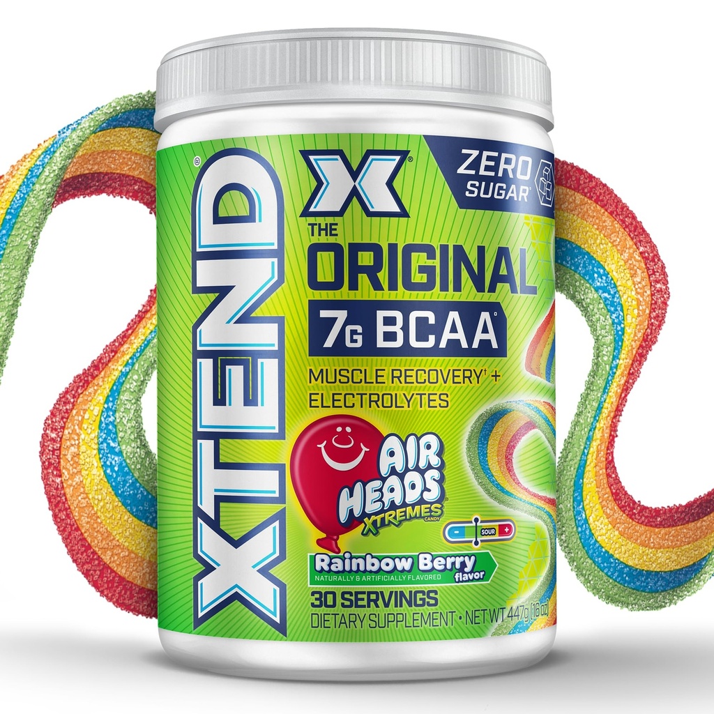 Xtend originale BCAA polvere Airheads Rainbow Berry Flavor, 7g BCAA e 2.5g L-Glutamina, Sugar Free Post Workout Muscle Recovery Bere con aminoacidi per uomini e donne, 30 Serve