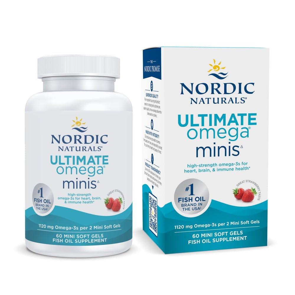 Nordic Naturals Ultimate Omega Minis, Fragola Flavor - 60 Minis Soft Gel - 1120 mg Omega-3 - Supplemento olio di pesce ad alta potenza - EPA & DHA - promuove la salute del cervello e del cuore - 30 Serve