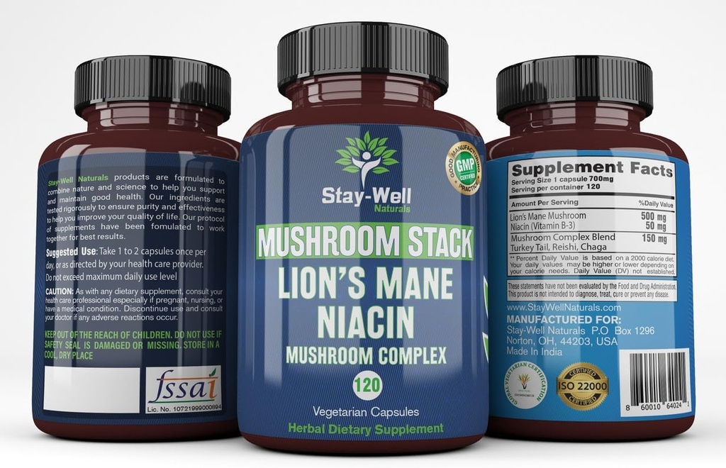 Leone Mane Mushroom Supplemento capsule con capsule Niacin | Mushroom Complex, con tacchino funghi funghi funghi, Chaga Mushroom e Estratto di funghi Reishi, capsule di supplemento di funghi