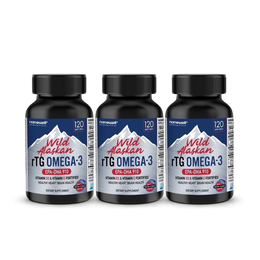 NANOWELL Wild Alaskan rTG Omega-3 Fish Oil 1196mg - EPA, DHA, Vitamina D3 & E - 120 Softgels x 3 bottiglie (360 Conte)