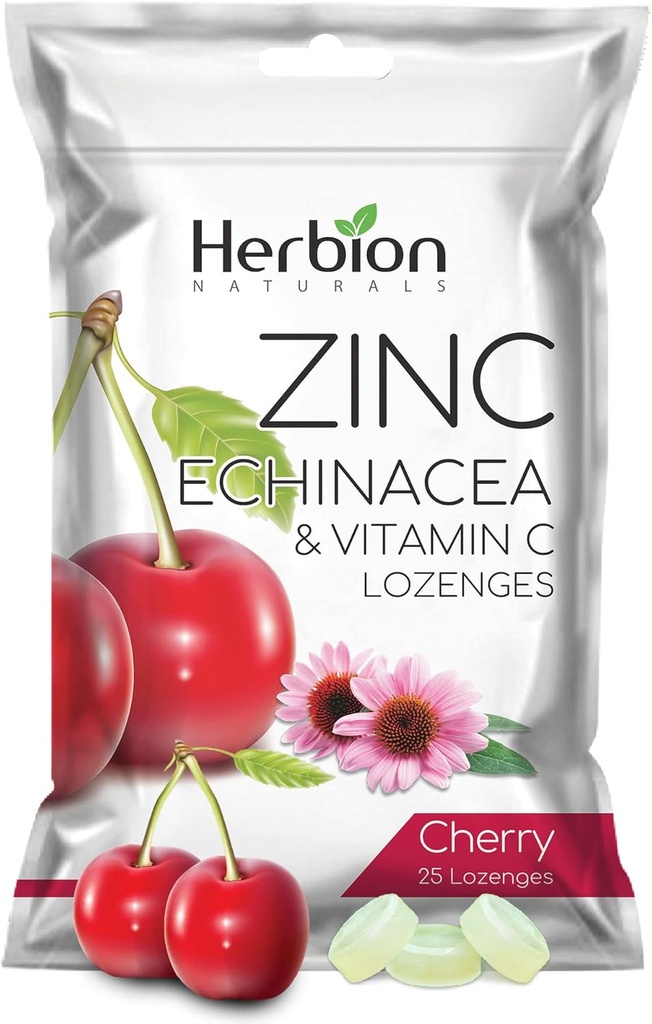 HERBION Naturals Zinc, Echinacea & Vitamina C Lozenges 25 CT, Integratore alimentare per adulti e bambini 5+, promuove il benessere per tutta la famiglia, 25 conte, Ciliegia, Confezione da 1