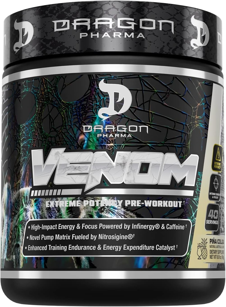 DRAGON PHARMA Venom Extreme Potency Pre-Workout, Laser Sharp Focus + Energy, Performance Intensa, Ingredienti Proven per Vasodilation & Endurance (40 Serve, Piña Colada)