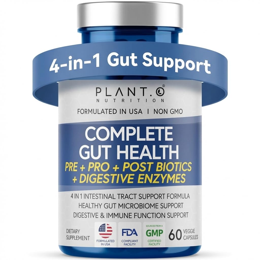4-in-1 Gut Health Support – Prebiotici + Probiotici + Postbiotici + Enzimi Digestivi – DE111 Spore Probiotico per Supporto Digestivo & Bloating – Non-GMO, Made in USA – 60 capsule Veggie
