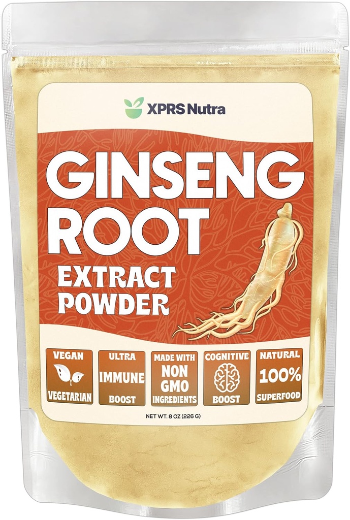 XPRS Nutra Ginseng Root Extract Powder - Ginseng Powder Supporta funzione cognitiva, prestazioni fisiche e sistema immunitario - Vegan Friendly Panax Ginseng in forma di polvere (8 oncia)