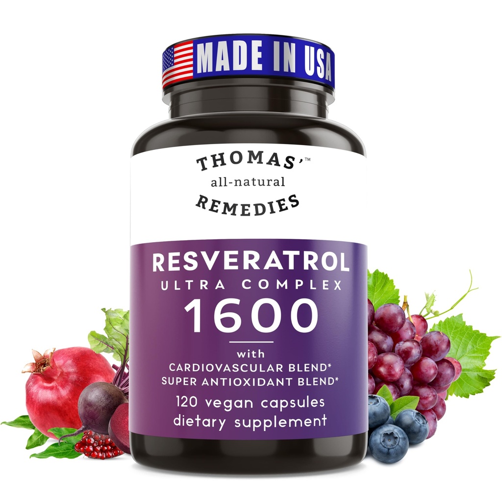 Thomas' all-natural Remedies Resveratrolo 1600mg Organic Trans-Resveratrolo Antiossidante Supplemento con estratto di semi di uva organico e Quercetin- Anti-invecchiamento e supporto cardiovascolare- 120 capsule