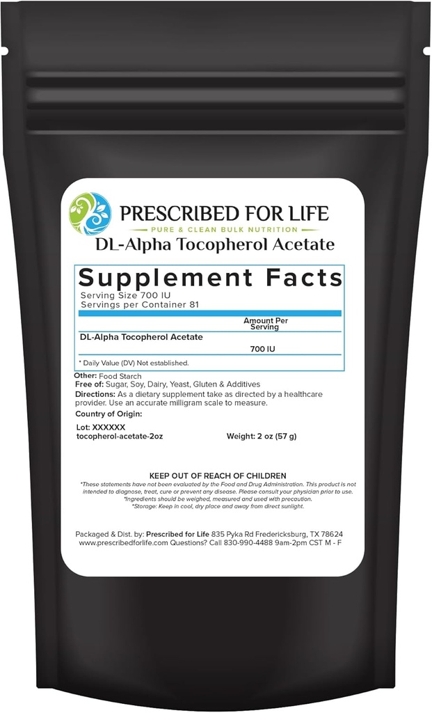 Prescritto per la polvere di acetato di tocoferolo di vita, vitamina E solubile dell'acqua, polvere di 700 IU gm, Vegan, senza glutine, non OGM (2oz / 56g)
