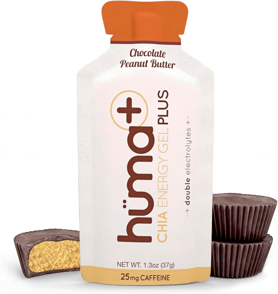 Huma Plus (elettroliti doppi) - Gel di energia Chia, Burro di arachidi al cioccolato, 24 Gel - Amichevole di stomaco, Gel di energia alimentare reale