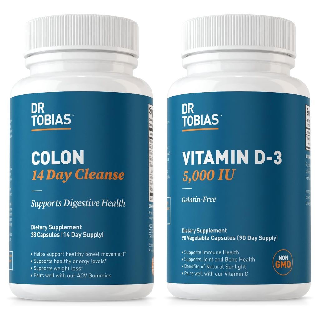 Dr. Tobias Colon 14 giorni Cleanse e vitamina D3 5000 IU Supporto Salute, Sistema immunitario e Sistema Digestivo. Non OGM Gut Cleanse e vitamina per uomini e donne.