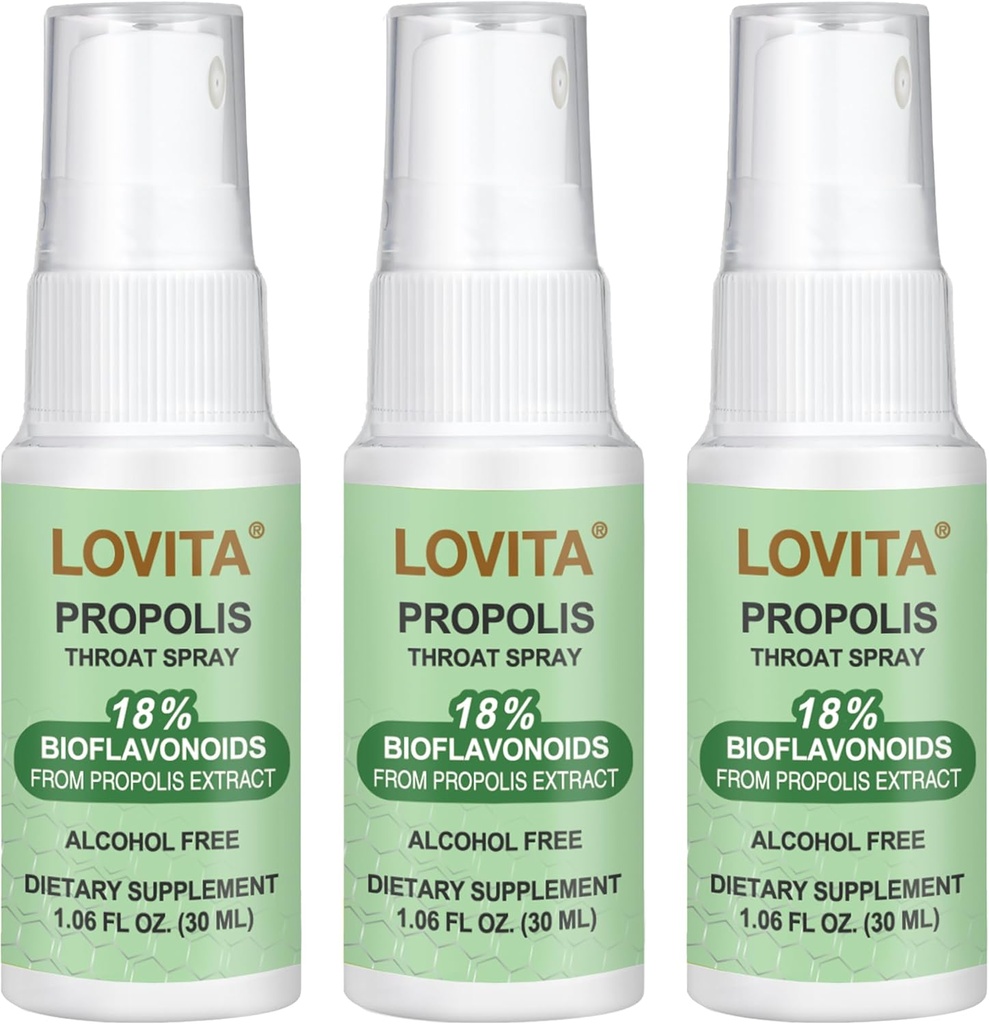Lovita Propolis Throat Spray, Canadese Propolis Spray, Alta Potente 500 mg Propolis per ml con 9:1 High Concentrate, Spruzzo naturale Sore Throat per Supporto Immune, Alcohol-Free, 1 Fl Oz (Pack of 3)