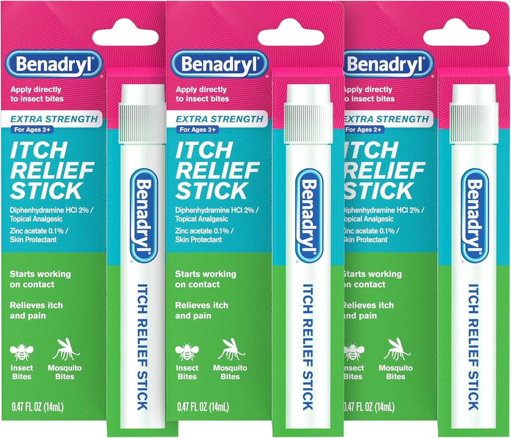 Benadryl Extra Forza Anti-Itch Relief Stick, Bug Bite Itch Relief, Difenidramina HCl Topical Analgesic & Zinc Acetate Skin Protectant, Grande per Camping Essentials, 0.47 fl oz (Pack of 3)