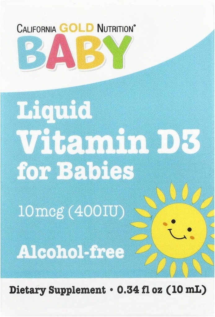 Alimentatore d'oro della California Baby Vitamin D3 Liquid D3 Supplemento per i bambini, Per vegetariani - Supporto per lo sviluppo - Alcol & Gluten Free, Non-GMO - 10 mcg (400 IU) - 0.34 fl oz (10 ml)
