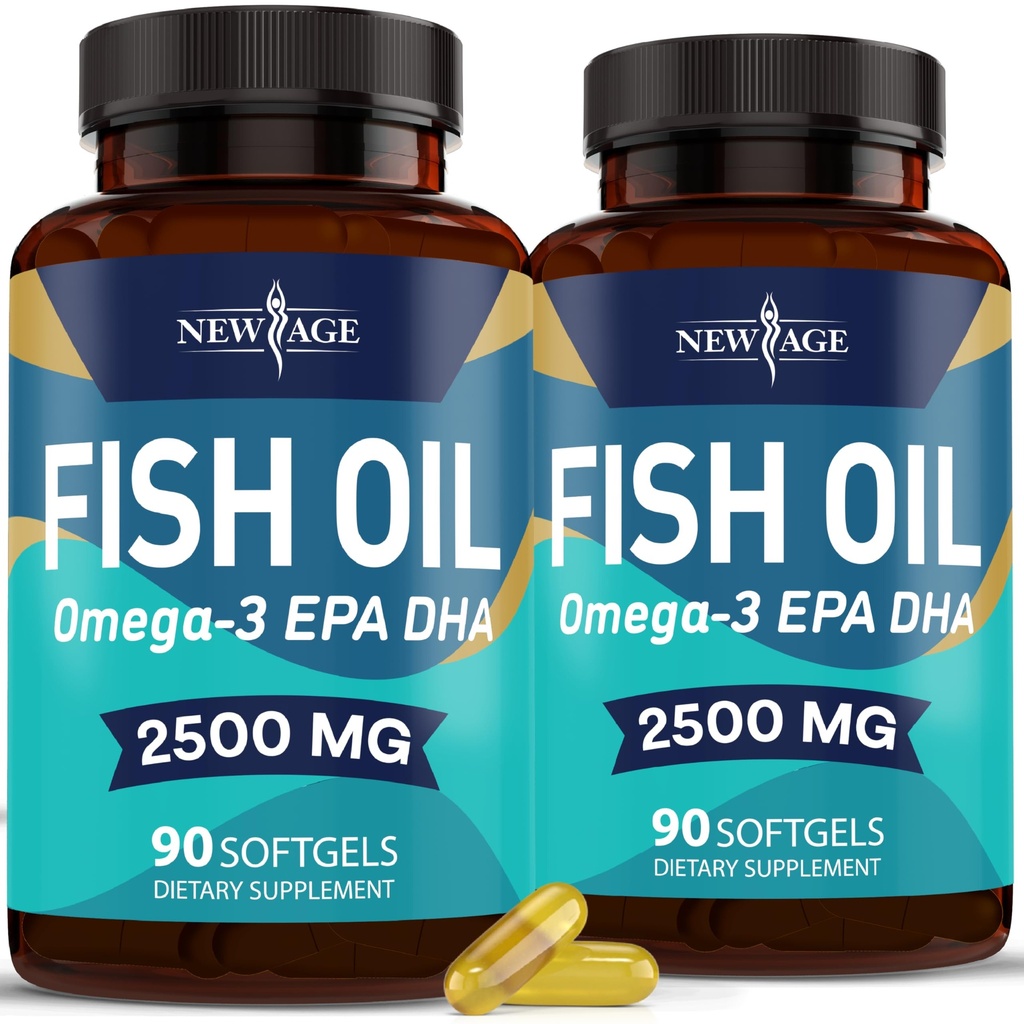 NUOVO AGE Omega 3 Fish Oil 2500mg Supplemento Non OGM - EPA, DHA acidi grassi Gluten Free (180 Softgels (Pack of 2))