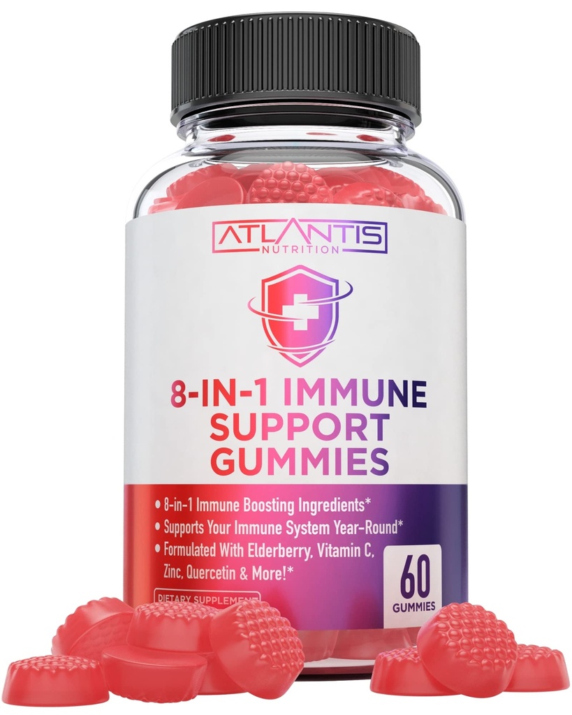 Atlantis Nutrition 8-in-1 Immune Support Gummies with Elderberry | Integratore immunitario con Elderberry, Quercetin, Zinc, Vitamina C - Booster per adulti e bambini - Delicious Flavor - 60 Count
