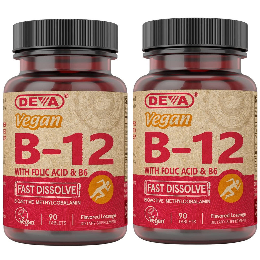 DEVA Vegan Vitamina B12 Fast Dissolve Supplemento - Complesso una volta per giorno con 1000 Mcg Methylcobalamin B12, Acido Folico, B6 - Limone Flavor - 90 compresse dissolvibili, 2-Pack