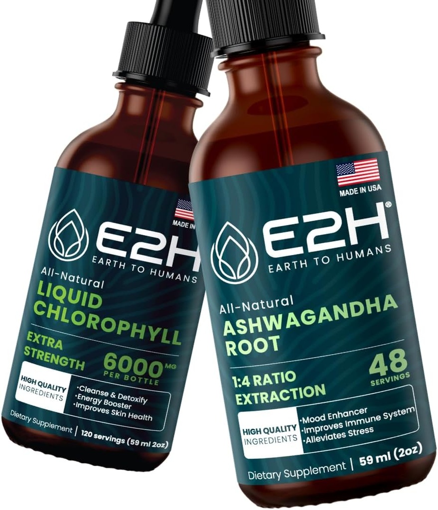 E2H: Liquid Chlorophyll e Ashwagandha Liquid Drops | Vegan, Non-GMO - 2 Fl Oz Ogni (4 Fl Oz Totale) - Bundle