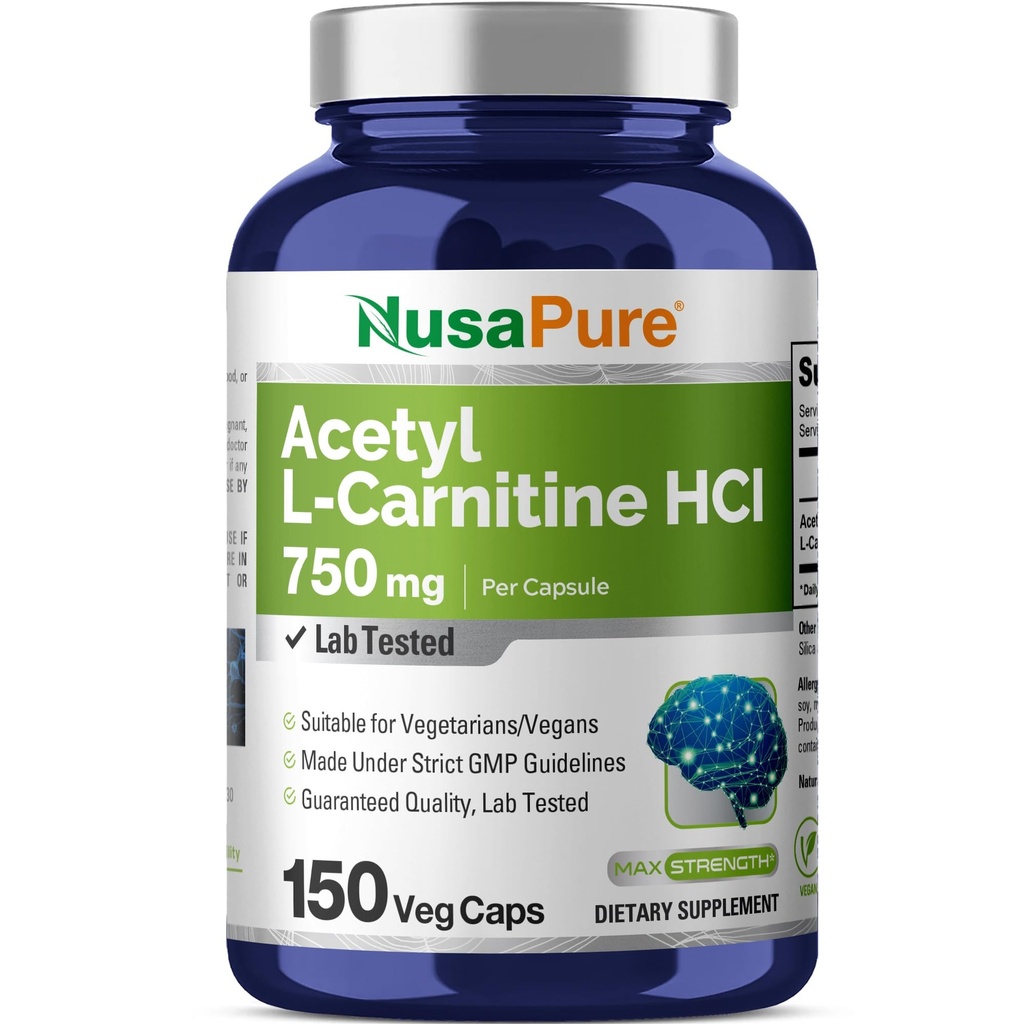 NusaPure Acetil L-Carnitina 750mg per Caps 150 capsule vegetali (non OGM, Vegan) ad alta potenza Acetil L Carnitina HCL (ALCAR)