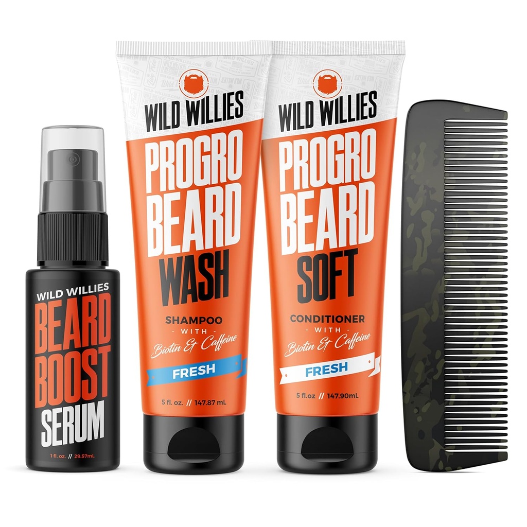 Wild Willies Beard Care Kit, Biotin fortificato Shampoo e Condizionatore con caffeina, due bottiglie da 4 once, promuove la crescita sana del cuscinetto