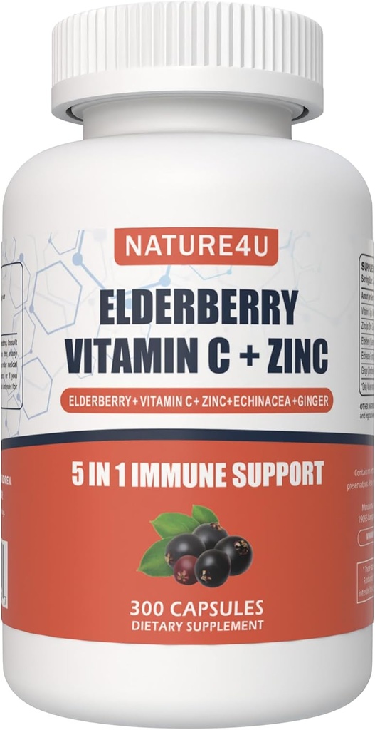 5 in 1 supplemento di supporto immunitario di sambuco, Booster immunitari giornalieri per gli adulti Antiossidanti supplemento, sambuco 1000 mg, vitamina C, zinco, echinacea, zenzero, 300 capsule vegane - 5 mesi