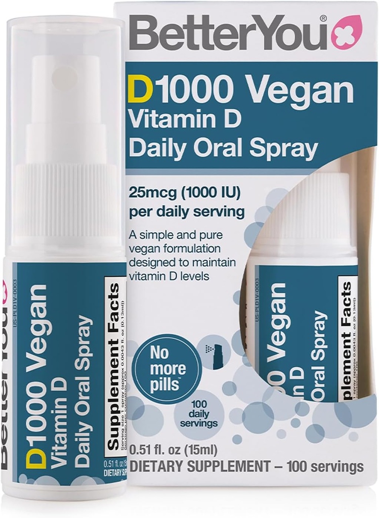 BetterYou D1000 Vegan Vitamin D Oral Spray - Comoda alternativa per le compresse - Plant-Origin - promuove forti ossa, denti e sistema immunitario - Aiuto nell'assorbimento del calcio - 100 dosi giornaliere - 0.5 oz