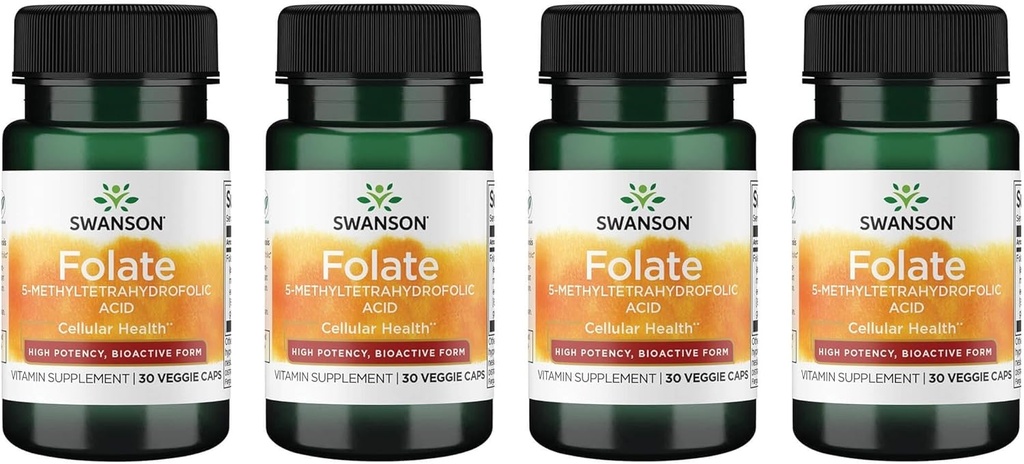 Swanson Folate 5-acido metiltetraidrofolico - alta potenza, forma bioattiva 800 mcg Dfe 30 tappi di veg (4 pacchetto)