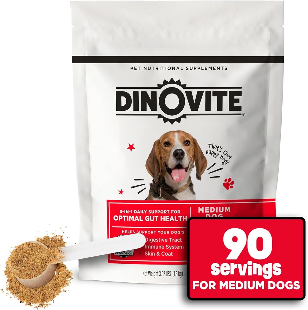 Dinovite 3 in 1 Probiotico per cani medi, Pelle & Cappotto, Salute Digestiva & Joint Relief, Dog Food Toppers, Supporto Immune, Allergy Relief & Itch Relief Skin Care, 90 Servings (18-45lb)