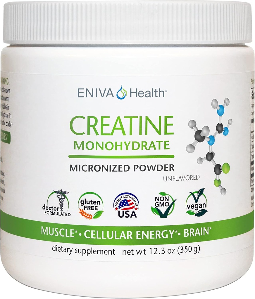 Polvere di monoidrato della creatina di salute di Eniva, amminoacido, polvere micronizzata, 70 Serve 5 G 12.3 oz, supporto muscolare, crescita del muscolo, energia cellulare, fuoco cognitivo, ultra-Pure, grado farmaceutico