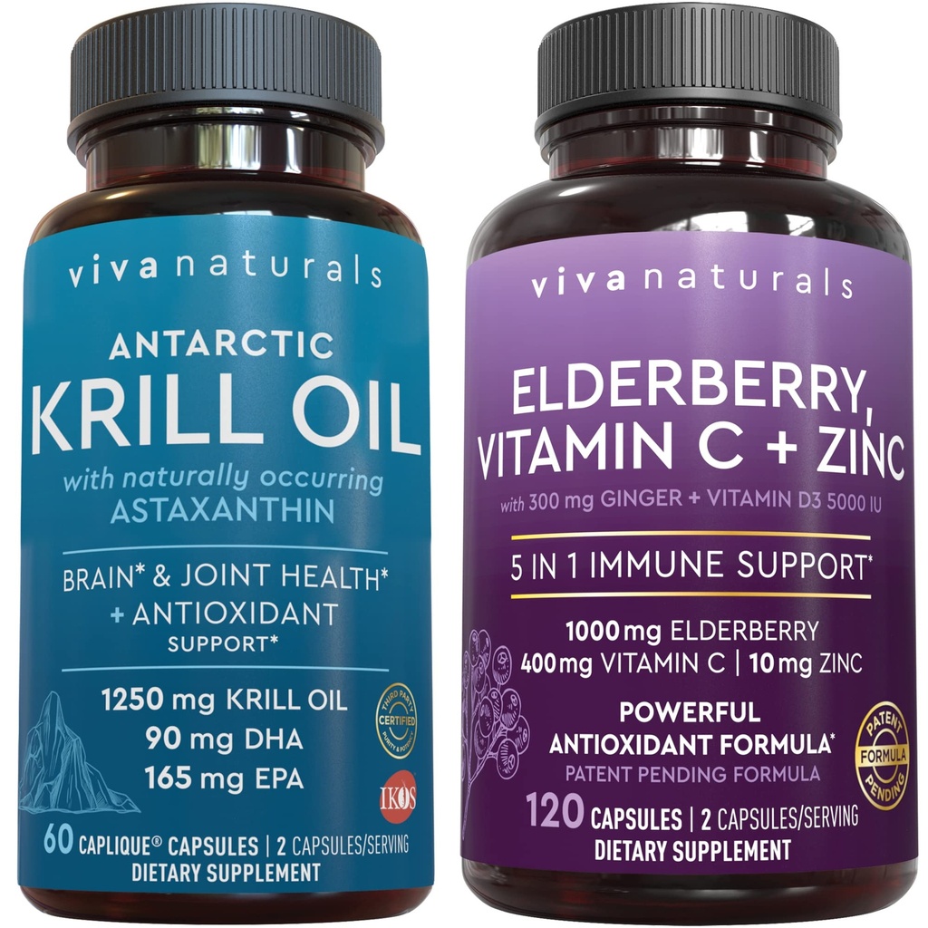 Viva Naturals Antarctic Krill olio e mirtillo, vitamina C, zinco e vitamina D3 5000 IU Bundle, 1250 mg di olio di Krill che fornisce Omega 3 EPA e DHA per la salute comune, mirtillo per il supporto immunitario