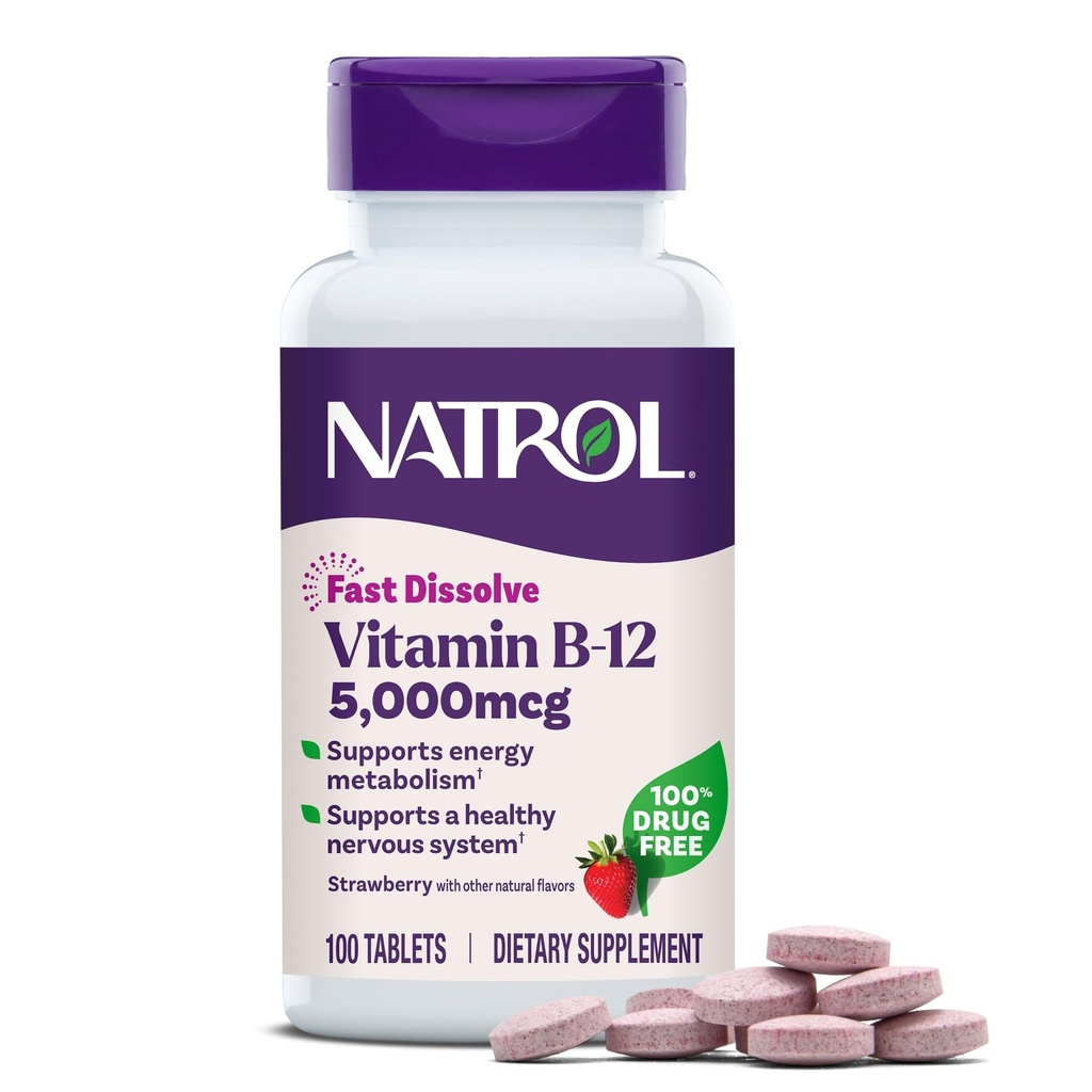 Natrol Vitamina B12 5000 mcg, Rapido Dissolve Vitamina B12 Supplemento Supporta un sistema nervoso sano e metabolismo energetico, 100 compresse, fino a un rifornimento di 100 giorni