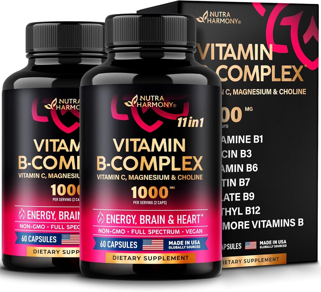 Vitamina B Complesso per uomini e donne - Made in USA - 11-in-1 B-Complex: B1, B2, B3, B5, B6, B7, B7, B8, B9, B12 con vitamina C, Choline, Inositol - Energy, Brain & Heart Support Supplement - Confezione di 2
