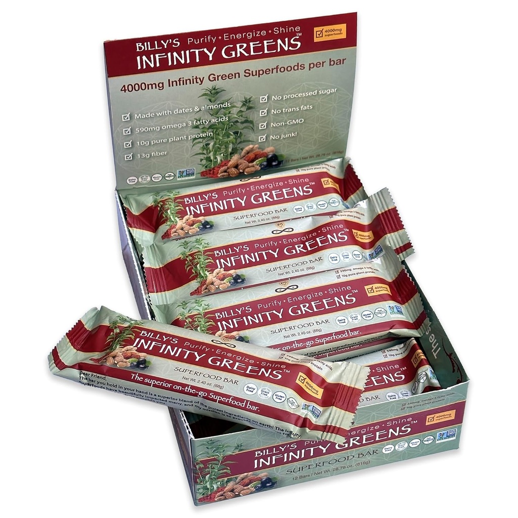 Infinity Greens Superfood Bar, Plant Based Meal Sostituzione Bar con 4000mg Infinity Greens Superfood Powder, Organic, Raw, Gluten Free, Non OGM (12 Bar)