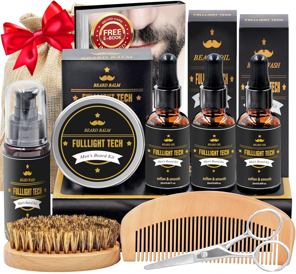 Kit cuscinetto per gli uomini Grooming & Care W/3 Pack Beard olio, lavare, Balm, Pettine, Pennello, Forbici,Anniversary San Valentino Regali Idea per marito Lui Fidanzato Papà Uomini Calze di Natale Stuffer
