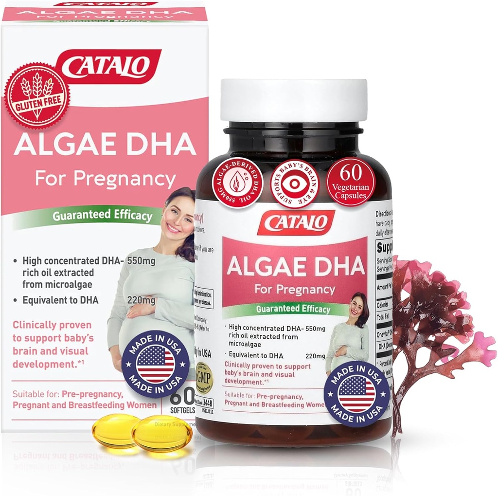 CATALO Omega 3 Algae DHA per le donne - 550mg DHA-Rich olio da Microalgae, ideale per la gravidanza e l'allattamento, Softgel vegetariani, senza glutine - 60 Softgels