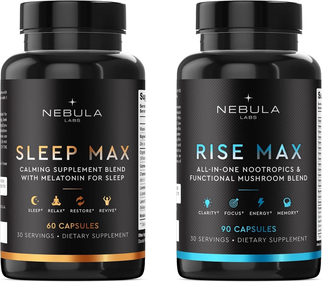 Bestseller Sleep MAX & Rise MAX Professional Bundle All-in-One Premium Nootropics & Functional Mushroom Blend & Calming Blend for Sleep
