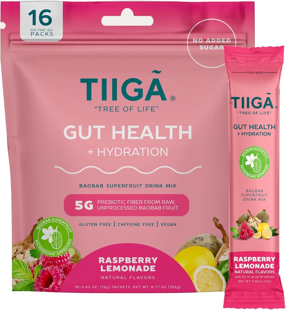 Tiiga Gut Health + Hydration Drink Mix – 7g Baobab, 5g Prebiotic Fiber, Electrolytes, No Dairy, Vegan, No Aggiunto Zucchero, Digestione, Regolarità, & costipazione – 16 Serve