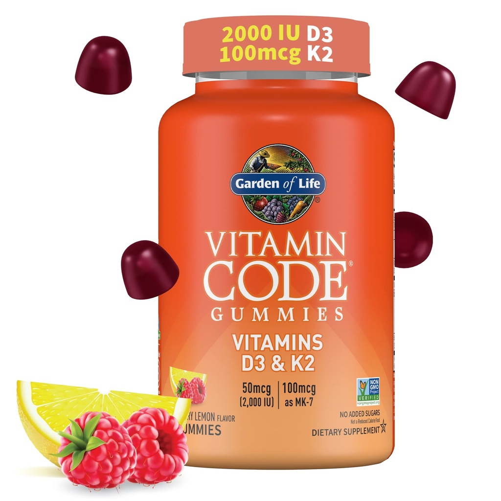 Giardino della vita Vitamina Code D3 & K2 Gummies con Prebiotici e Probiotici - Bone Salute, Salute Immune e Supporto Digestivo, Non OGM, Gluten-Free, Raspberry Lemon Flavor, 45 Gummies